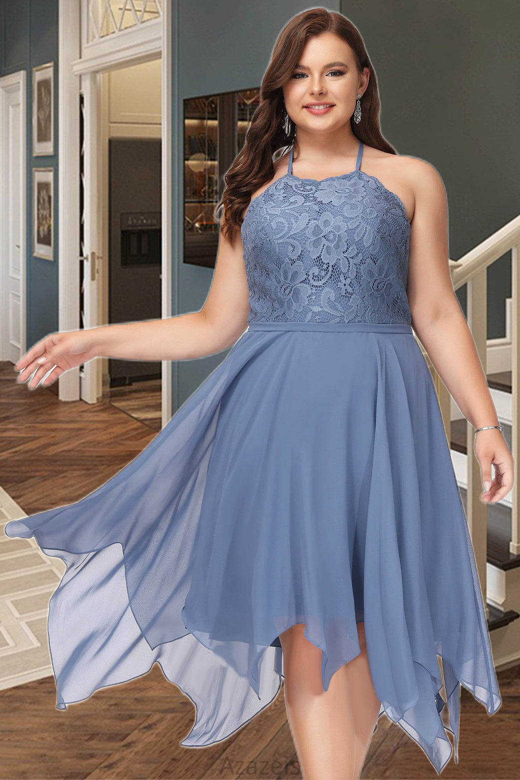 Ashlynn A-line Halter Asymmetrical Chiffon Lace Homecoming Dress DFP0020561