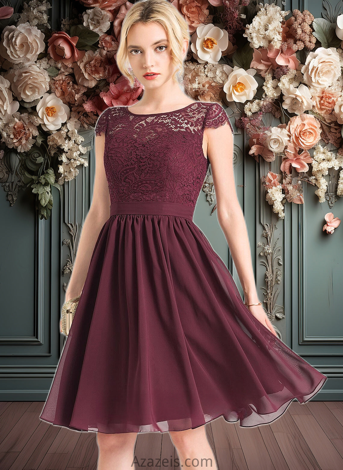 Alice A-line Scoop Knee-Length Lace Chiffon Homecoming Dress DFP0025698