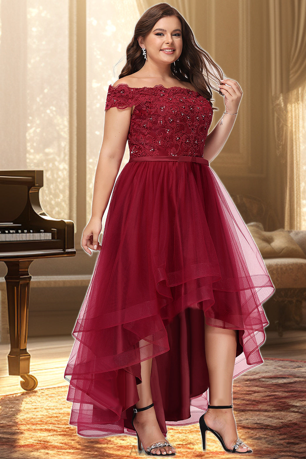 Daisy A-line Off the Shoulder Asymmetrical Lace Tulle Homecoming Dress With Beading Bow Sequins DFP0020535