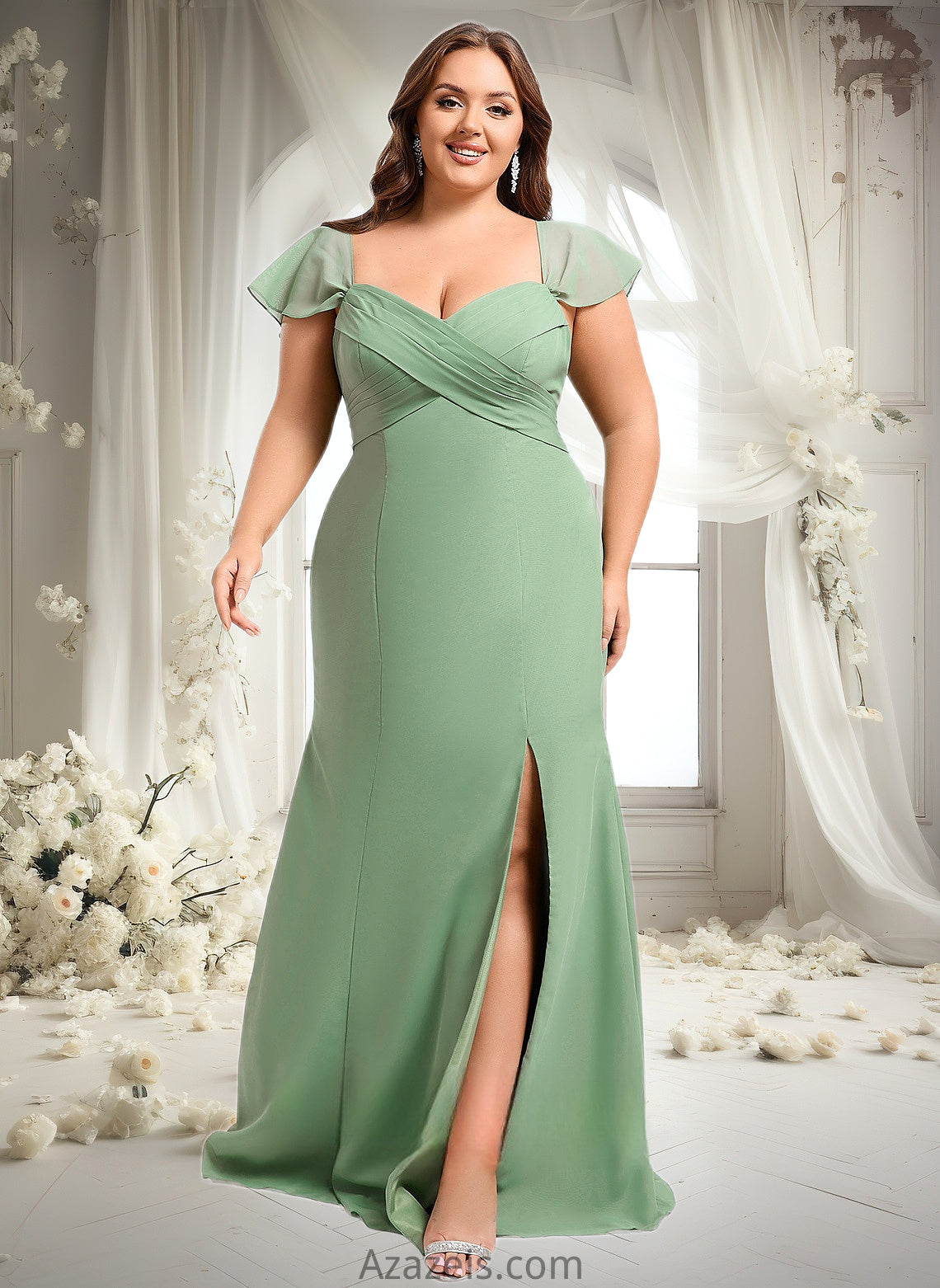 Kallie Trumpet/Mermaid Off the Shoulder V-Neck Floor-Length Chiffon Bridesmaid Dress DFP0025810