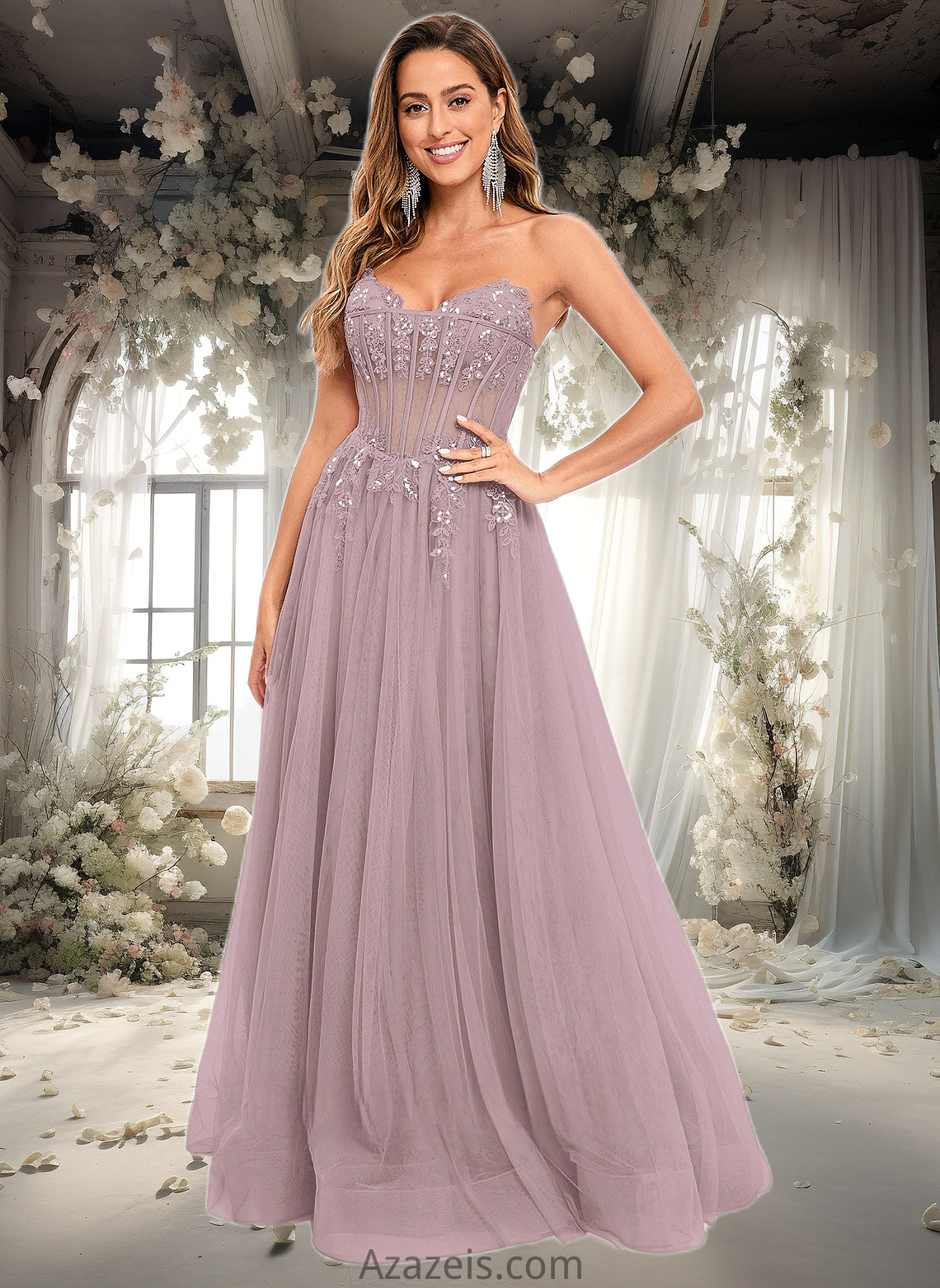 Zoey Ball-Gown/Princess V-Neck Floor-Length Tulle Prom Dresses With Sequins Appliques Lace DFP0025837