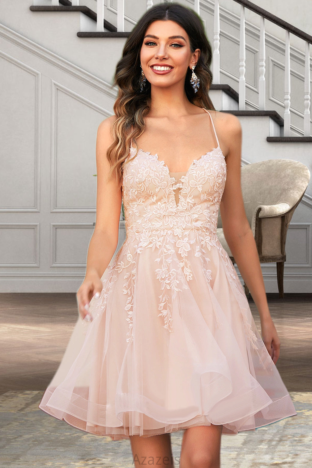 Ainsley A-line V-Neck Short/Mini Lace Tulle Homecoming Dress With Sequins DFP0020500