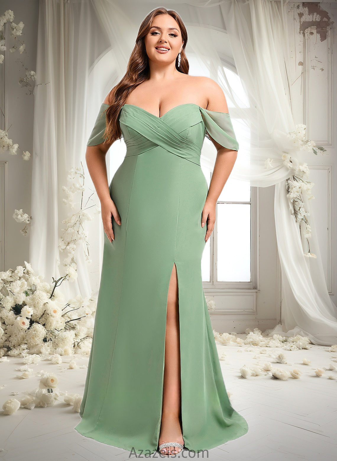 Kallie Trumpet/Mermaid Off the Shoulder V-Neck Floor-Length Chiffon Bridesmaid Dress DFP0025810