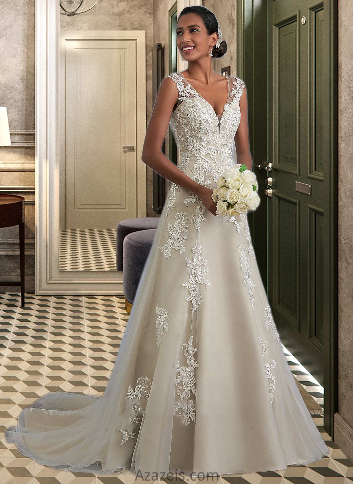 Penny A-Line V-neck Court Train Tulle Lace Wedding Dress With Beading Sequins DFP0013709