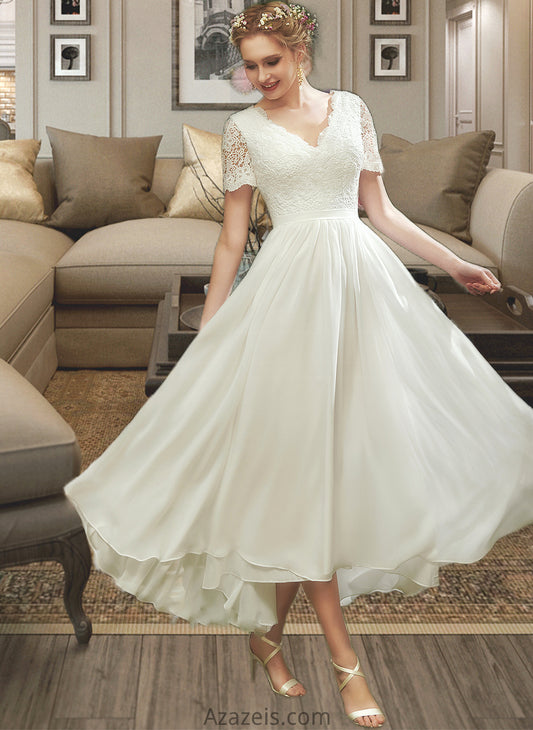 Audrey A-Line V-neck Asymmetrical Wedding Dress With Lace DFP0013712