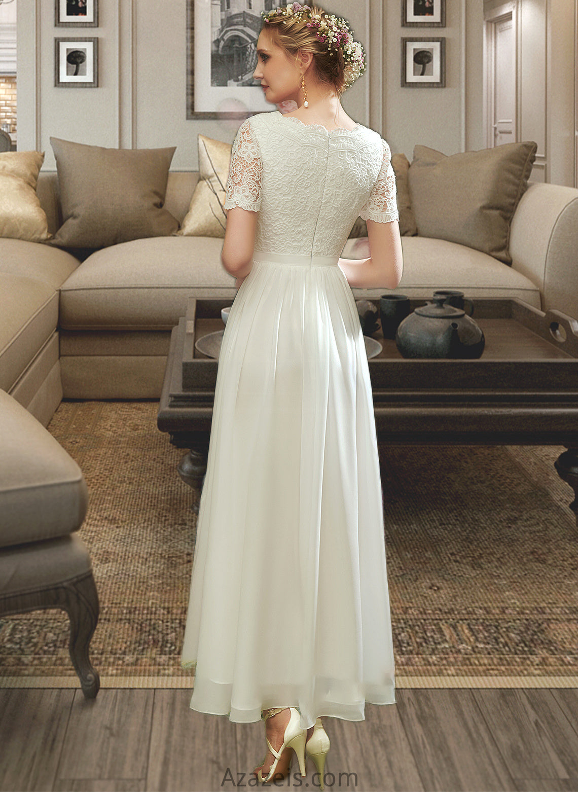 Audrey A-Line V-neck Asymmetrical Wedding Dress With Lace DFP0013712