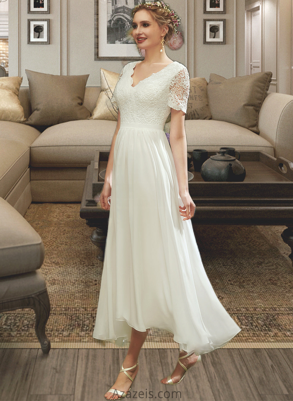 Audrey A-Line V-neck Asymmetrical Wedding Dress With Lace DFP0013712