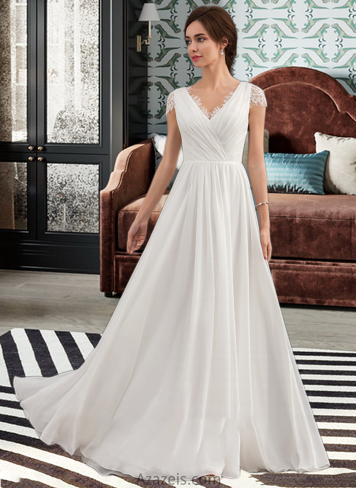 Kelsey A-Line V-neck Floor-Length Chiffon Lace Wedding Dress With Ruffle DFP0013729