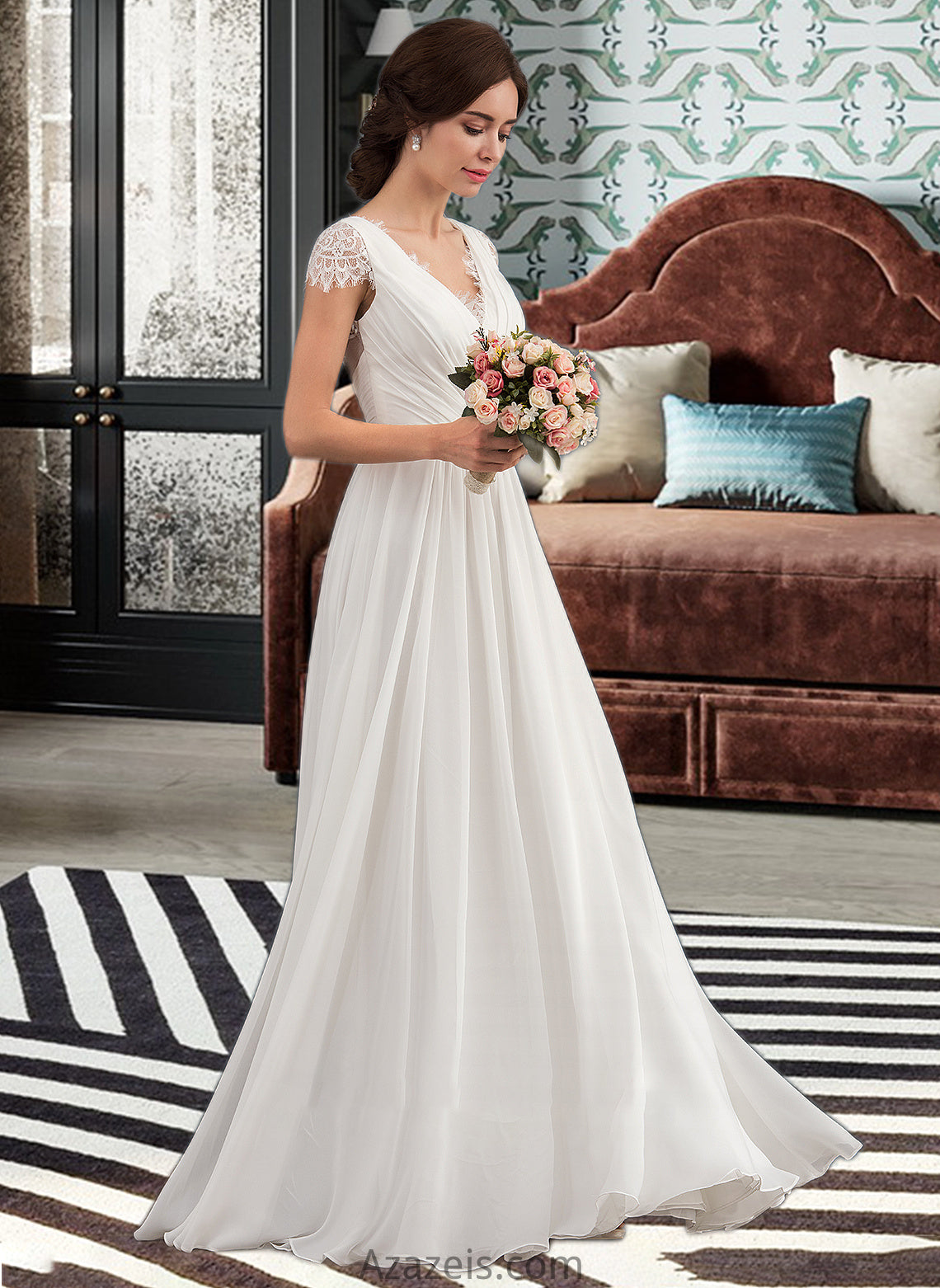 Kelsey A-Line V-neck Floor-Length Chiffon Lace Wedding Dress With Ruffle DFP0013729