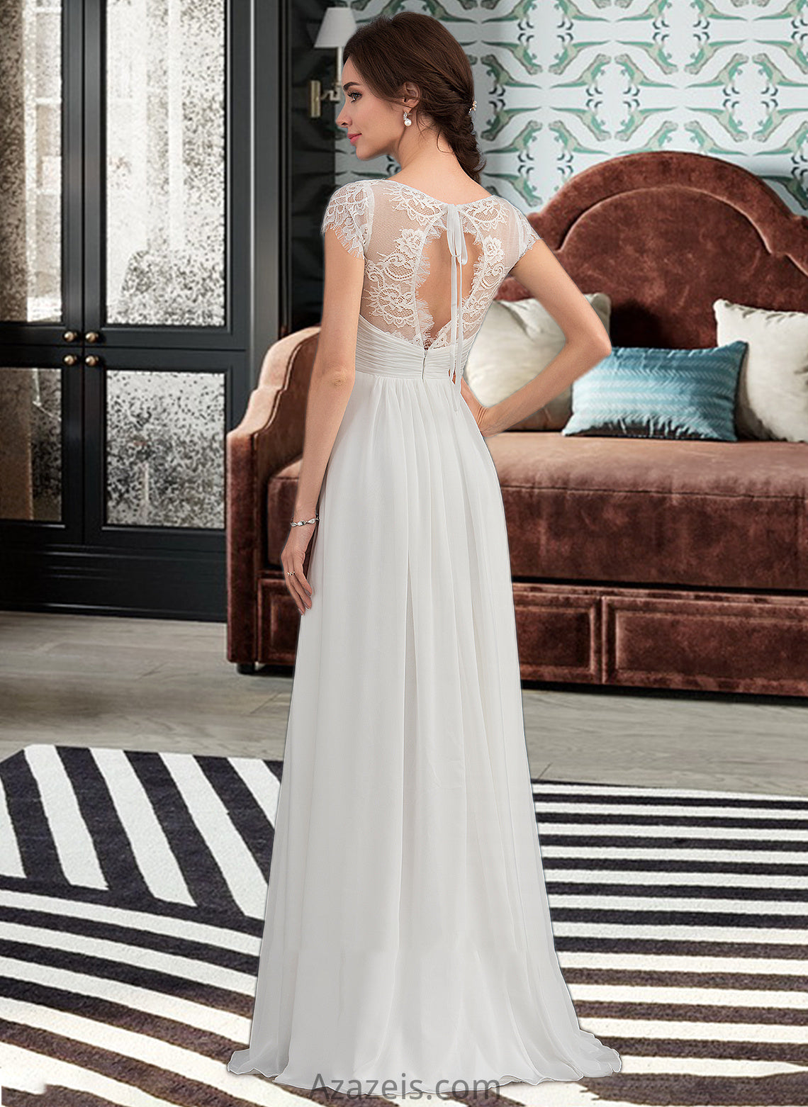 Kelsey A-Line V-neck Floor-Length Chiffon Lace Wedding Dress With Ruffle DFP0013729