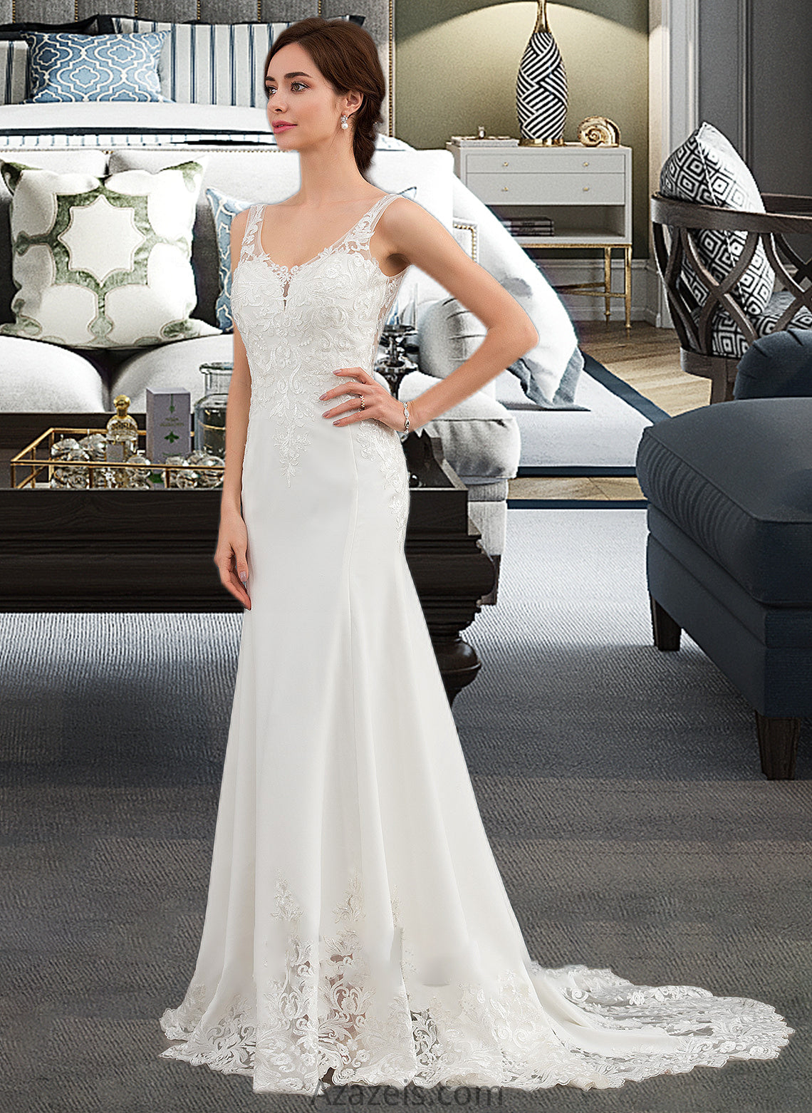 Harper Trumpet/Mermaid V-neck Court Train Lace Stretch Crepe Wedding Dress With Sequins DFP0013738