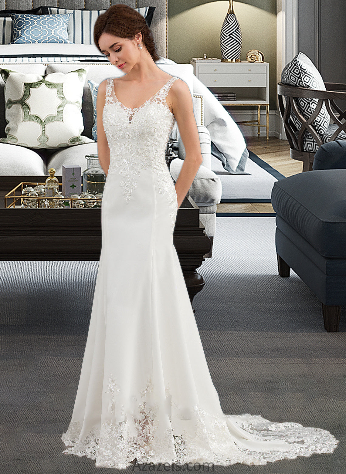 Harper Trumpet/Mermaid V-neck Court Train Lace Stretch Crepe Wedding Dress With Sequins DFP0013738