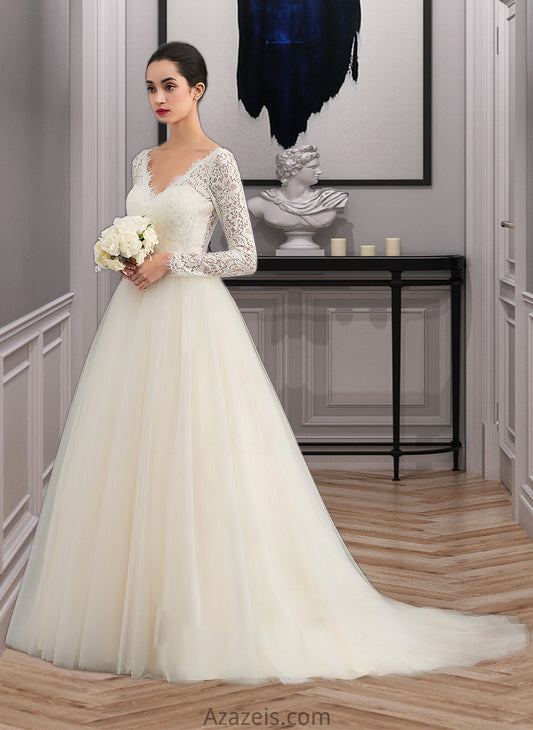 Peggie Ball-Gown/Princess V-neck Court Train Tulle Lace Wedding Dress DFP0013756