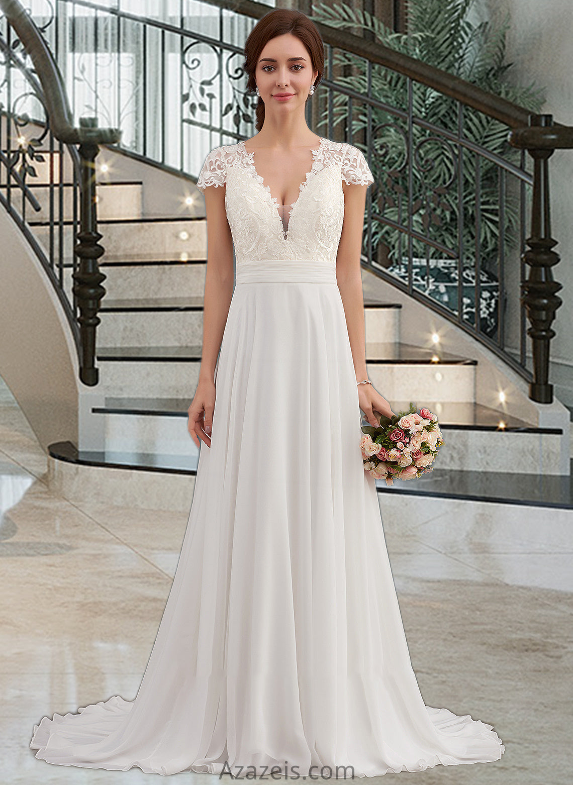 Callie A-Line V-neck Sweep Train Chiffon Wedding Dress With Ruffle DFP0013761