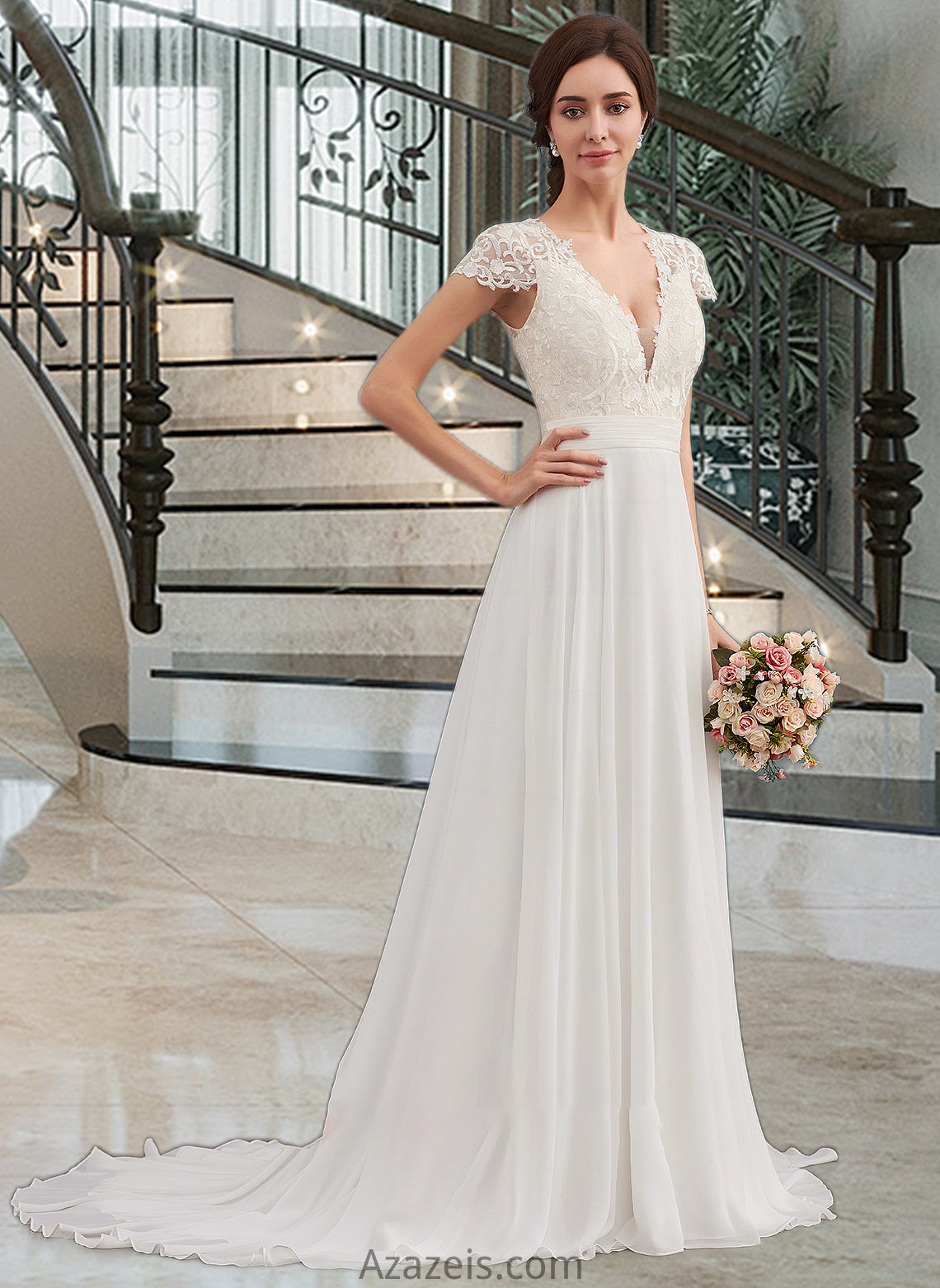 Callie A-Line V-neck Sweep Train Chiffon Wedding Dress With Ruffle DFP0013761