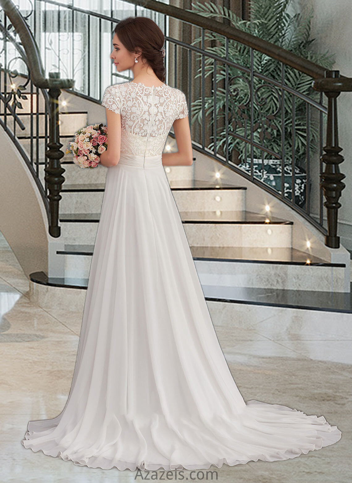 Callie A-Line V-neck Sweep Train Chiffon Wedding Dress With Ruffle DFP0013761