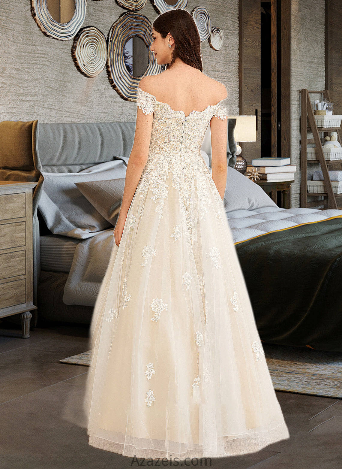 Zoie Ball-Gown/Princess Off-the-Shoulder Floor-Length Wedding Dress With Beading Sequins DFP0013765