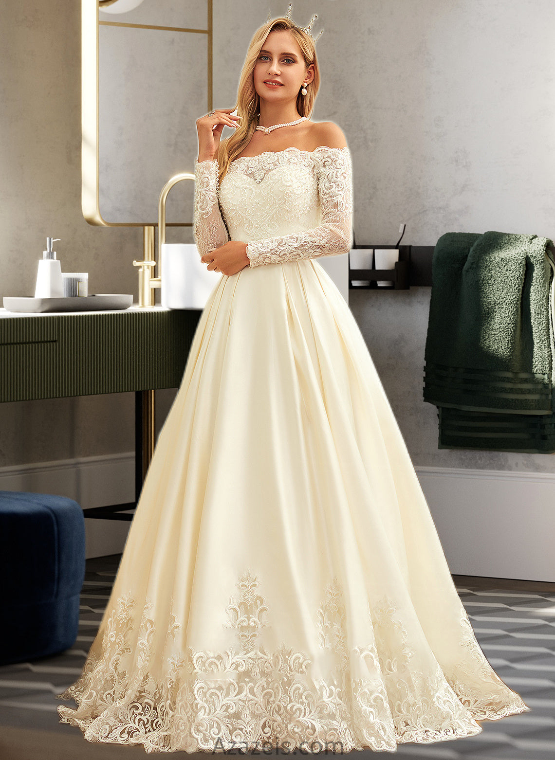 Catherine Ball-Gown/Princess Sweep Train Satin Wedding Dress With Beading Sequins DFP0013768