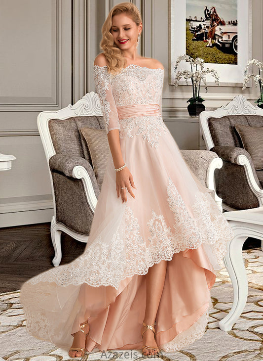 Riya A-Line Asymmetrical Satin Tulle Lace Wedding Dress With Sequins DFP0013769