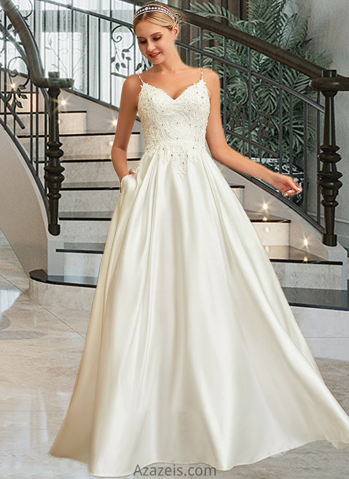 Sylvia Ball-Gown/Princess V-neck Sweep Train Satin Lace Wedding Dress With Lace Beading Sequins Pockets DFP0013771