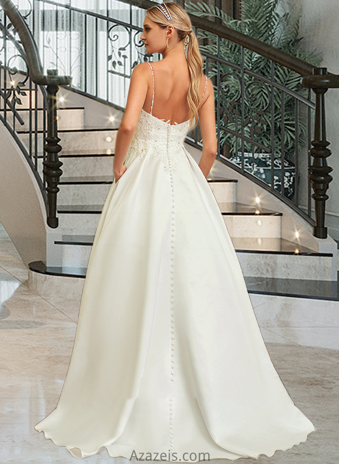 Sylvia Ball-Gown/Princess V-neck Sweep Train Satin Lace Wedding Dress With Lace Beading Sequins Pockets DFP0013771