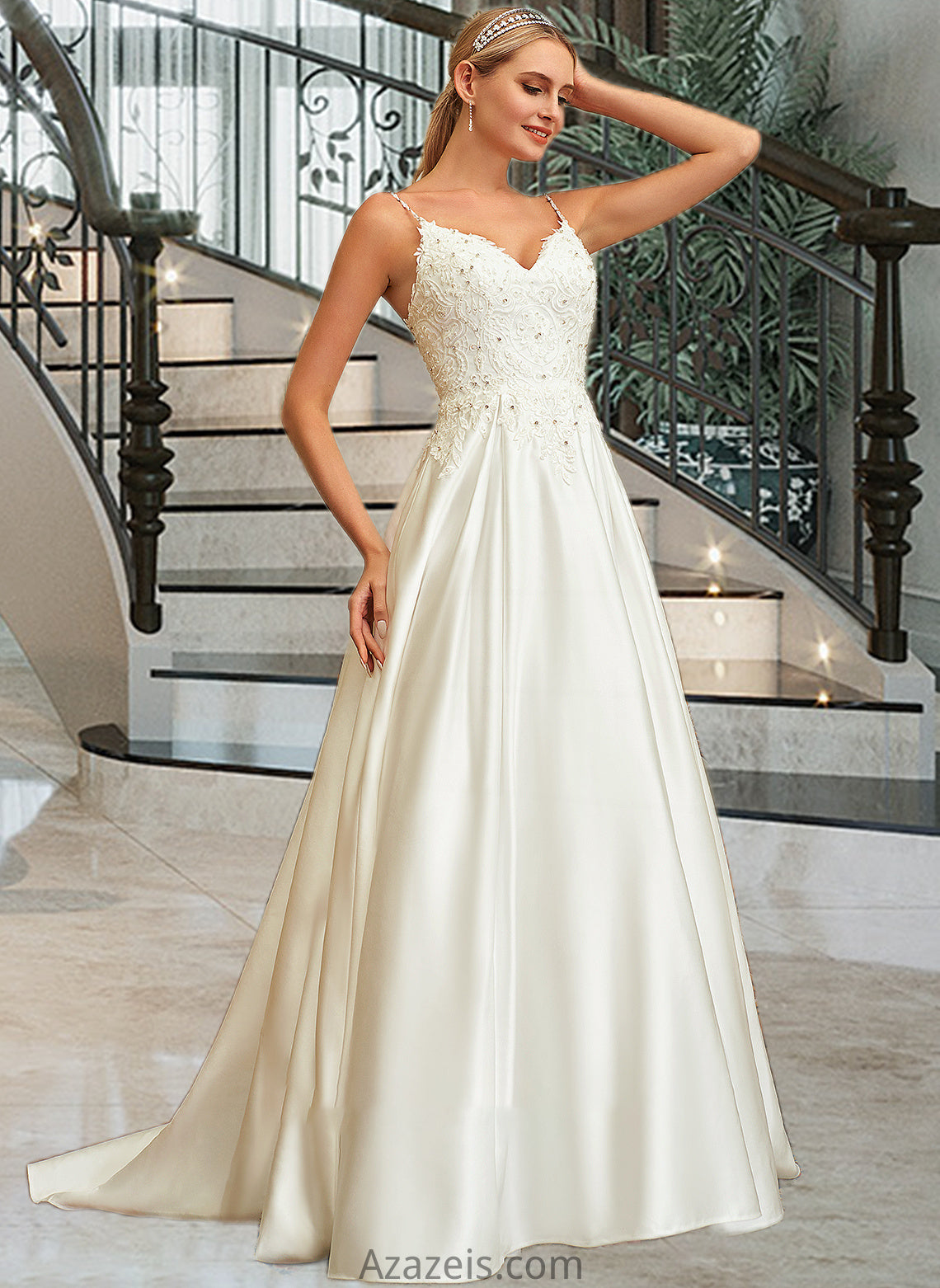 Sylvia Ball-Gown/Princess V-neck Sweep Train Satin Lace Wedding Dress With Lace Beading Sequins Pockets DFP0013771