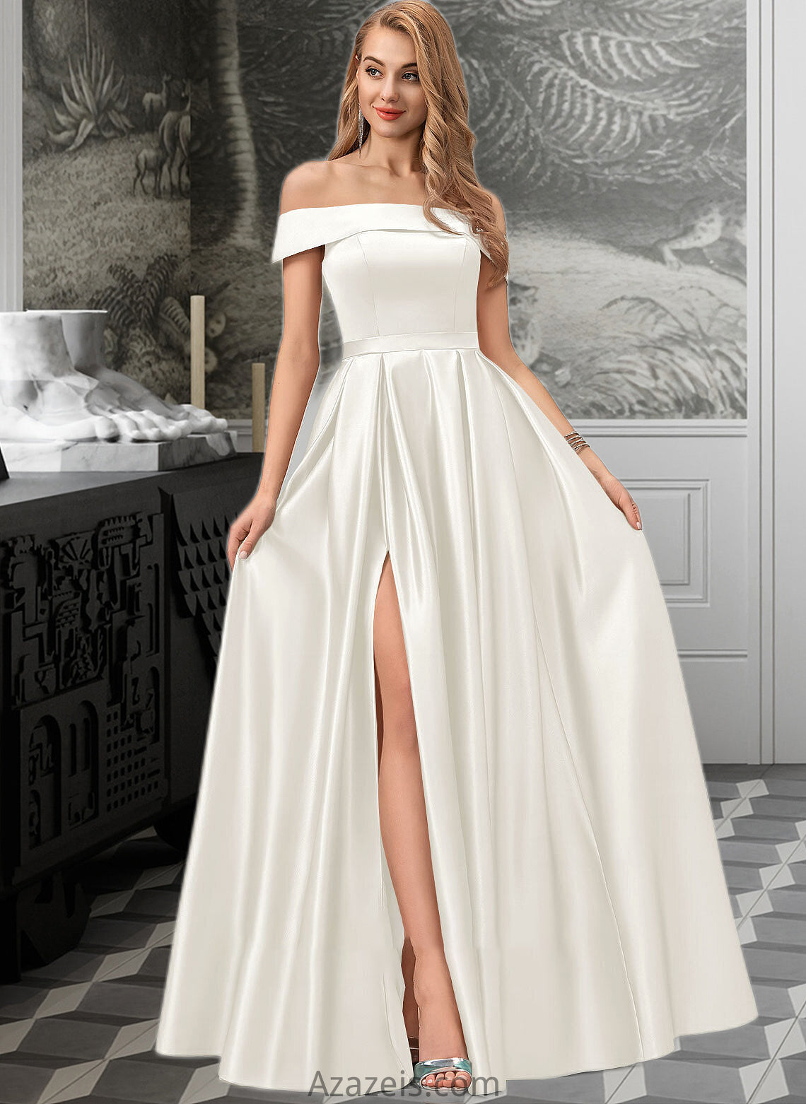 Mireya Ball-Gown/Princess Off-the-Shoulder Floor-Length Satin Wedding Dress With Split Front Pockets DFP0013774