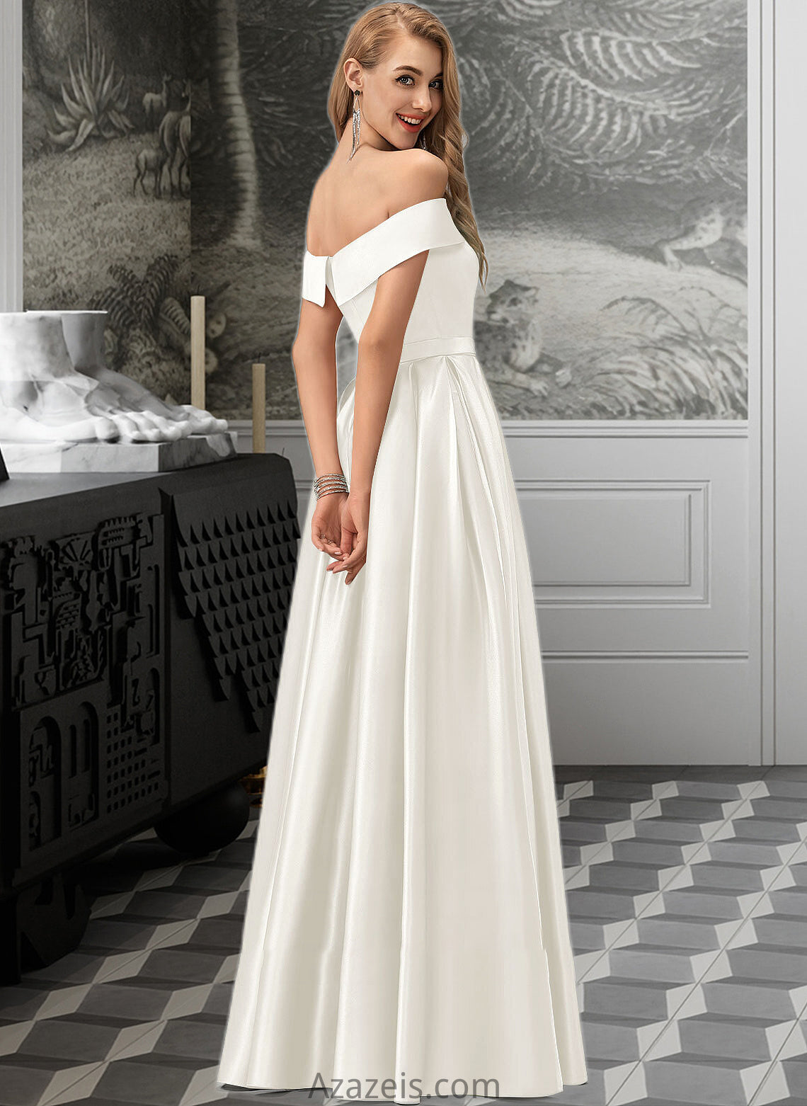 Mireya Ball-Gown/Princess Off-the-Shoulder Floor-Length Satin Wedding Dress With Split Front Pockets DFP0013774