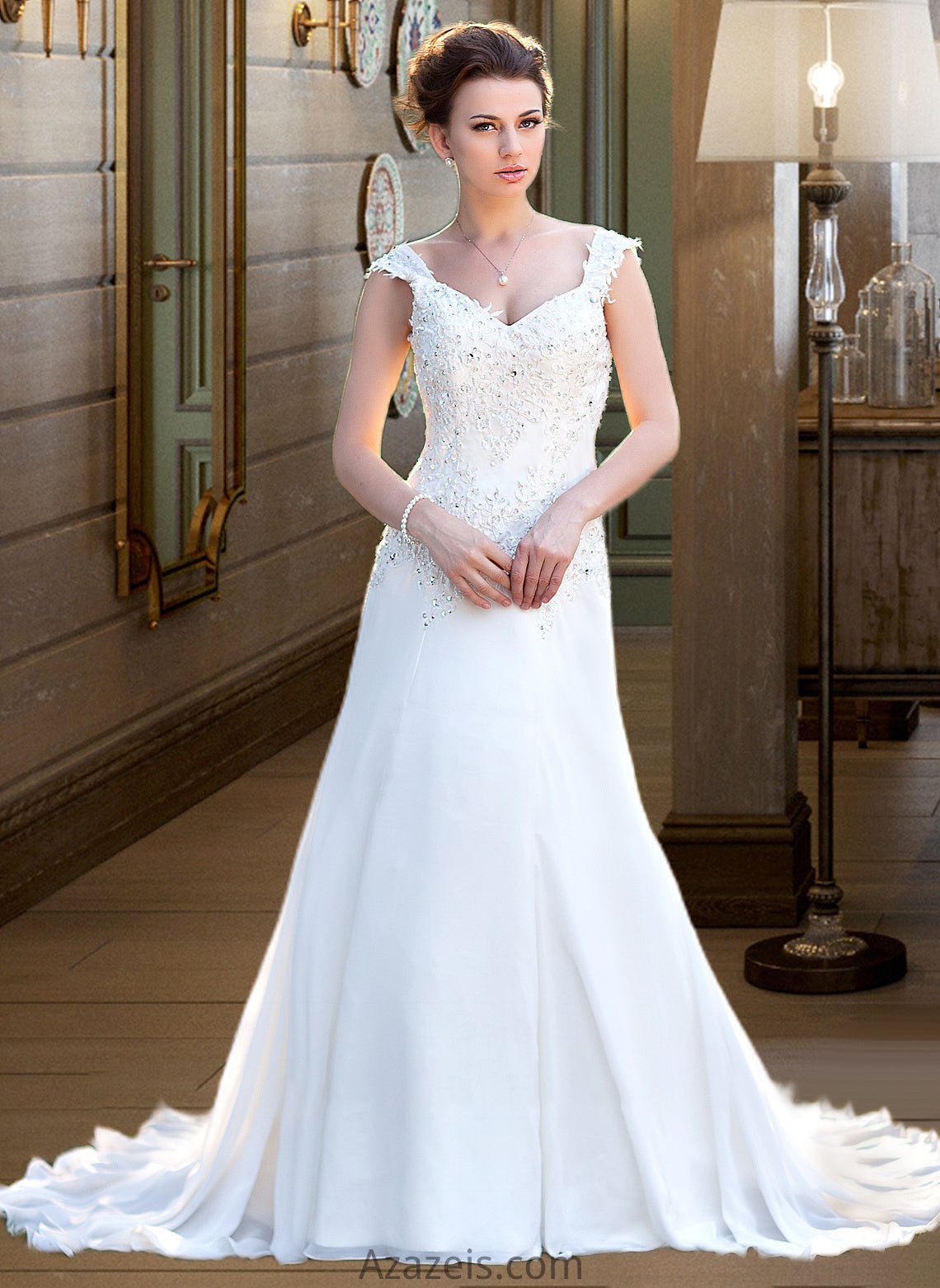 Kamila A-Line V-neck Court Train Chiffon Wedding Dress With Lace Beading Sequins DFP0013776