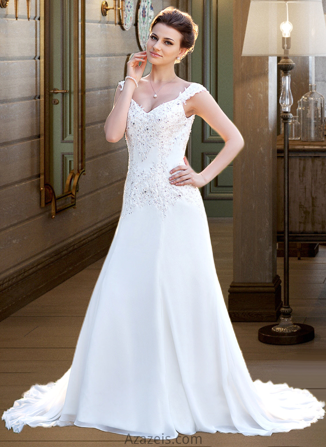 Kamila A-Line V-neck Court Train Chiffon Wedding Dress With Lace Beading Sequins DFP0013776