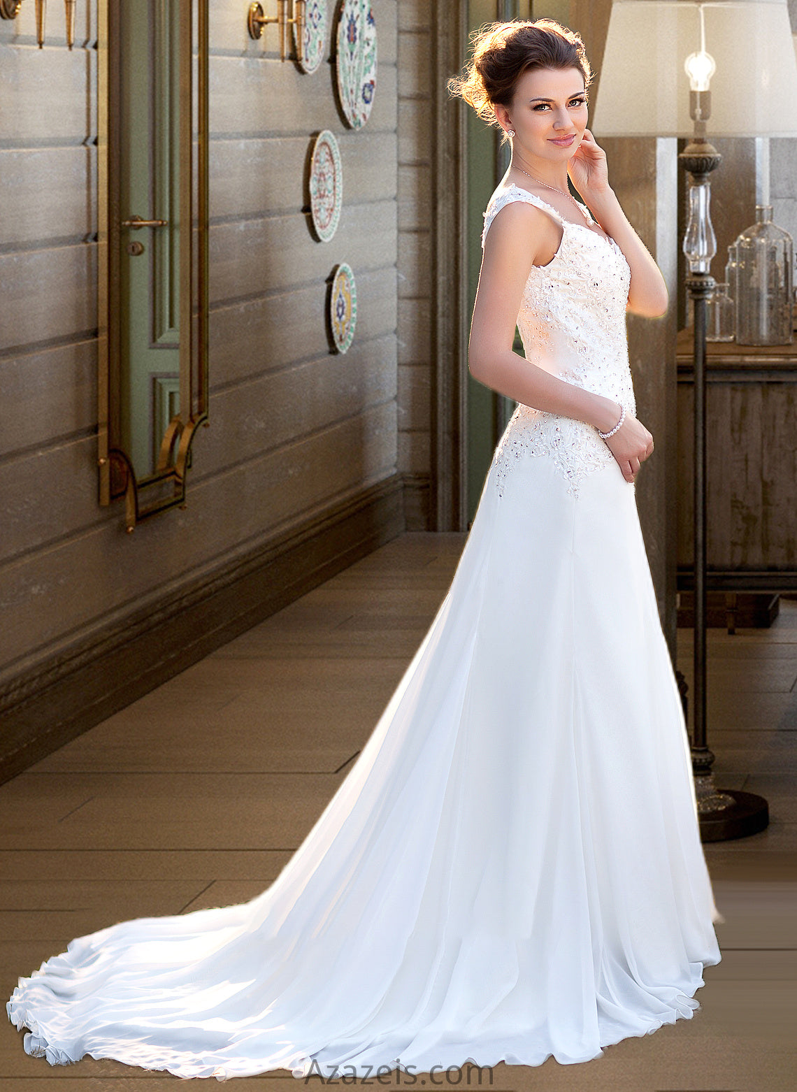 Kamila A-Line V-neck Court Train Chiffon Wedding Dress With Lace Beading Sequins DFP0013776