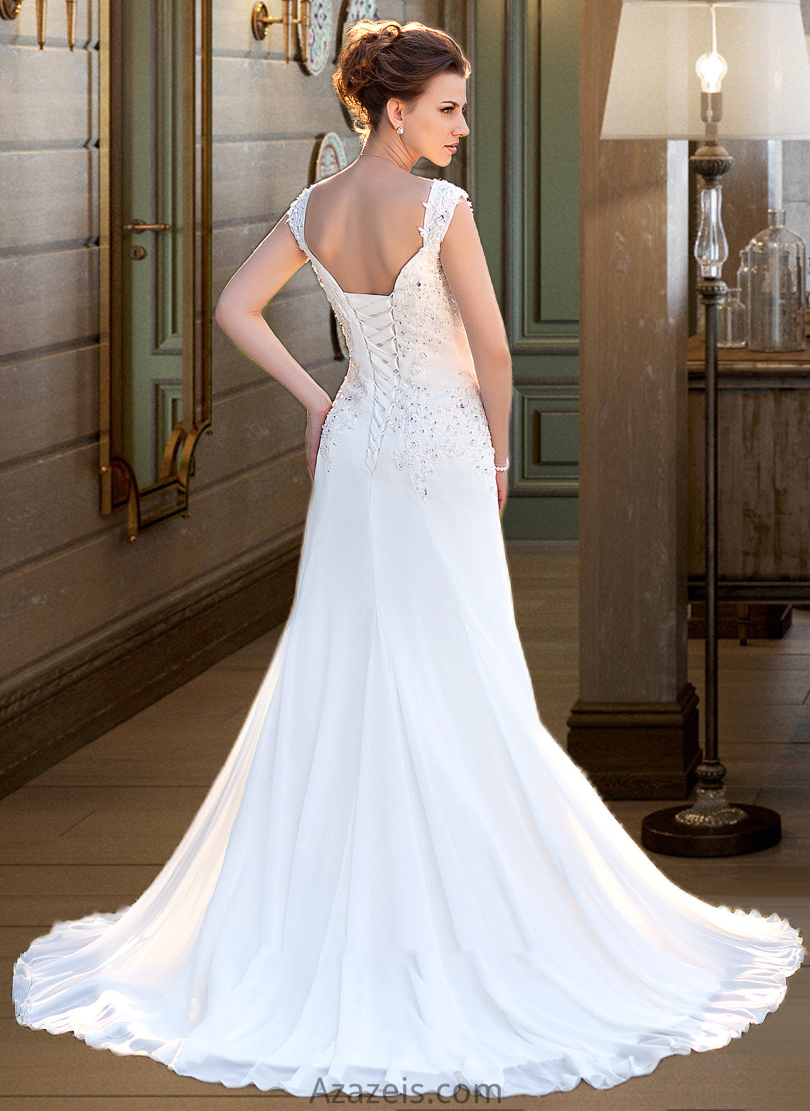 Kamila A-Line V-neck Court Train Chiffon Wedding Dress With Lace Beading Sequins DFP0013776