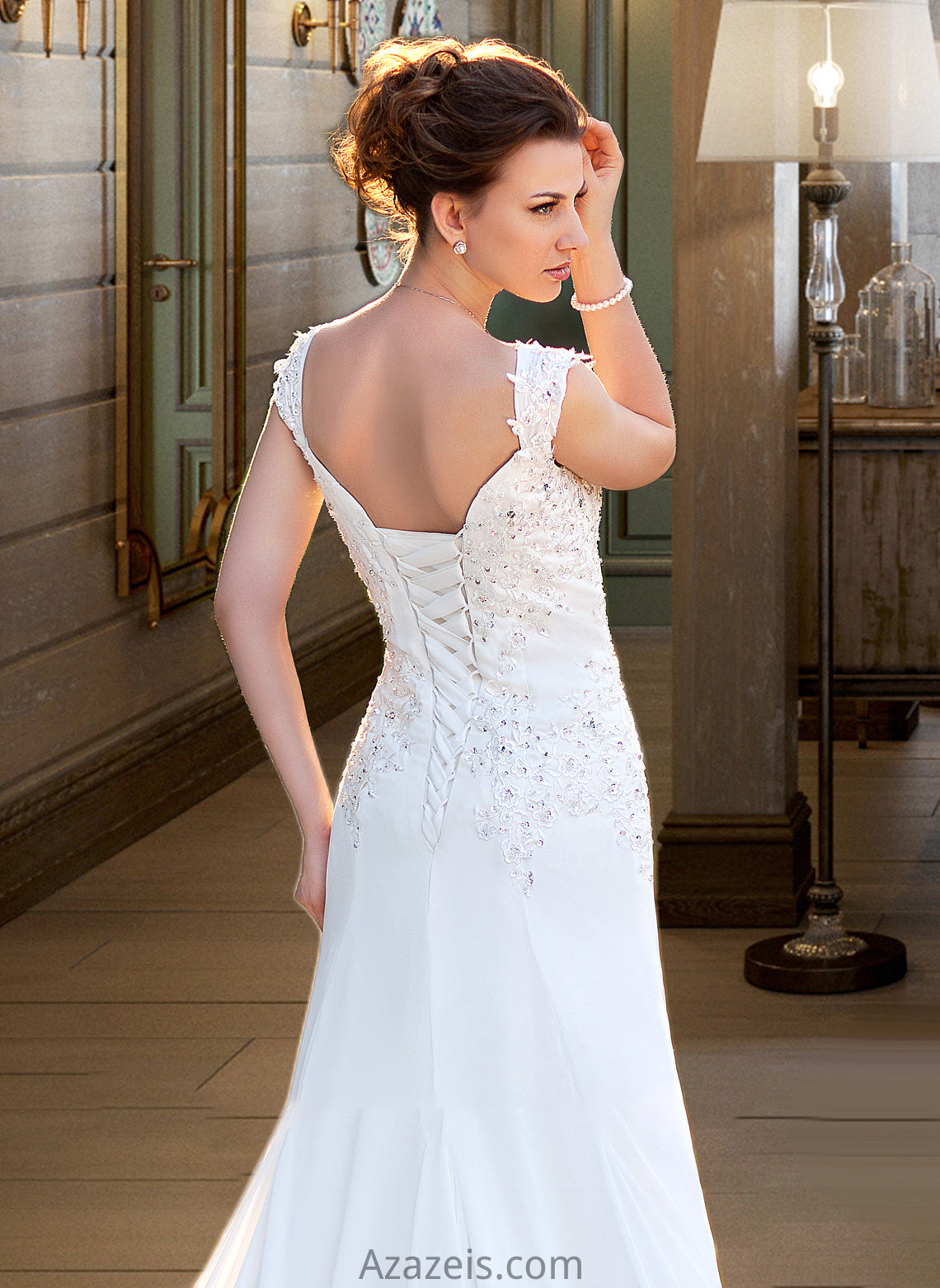 Kamila A-Line V-neck Court Train Chiffon Wedding Dress With Lace Beading Sequins DFP0013776