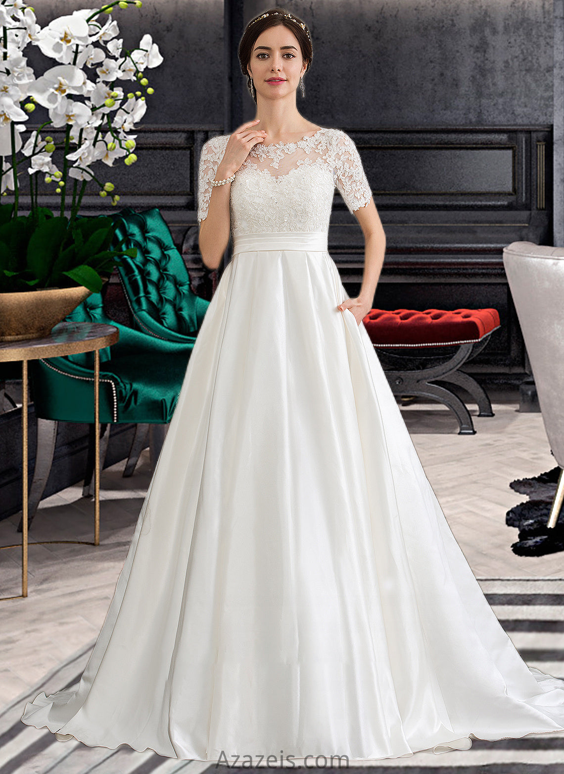 Brenda Ball-Gown/Princess Scoop Neck Court Train Satin Wedding Dress With Beading Sequins Pockets DFP0013777