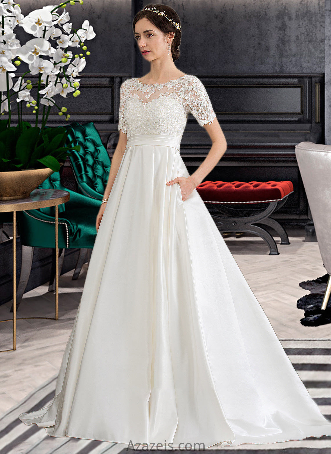 Brenda Ball-Gown/Princess Scoop Neck Court Train Satin Wedding Dress With Beading Sequins Pockets DFP0013777