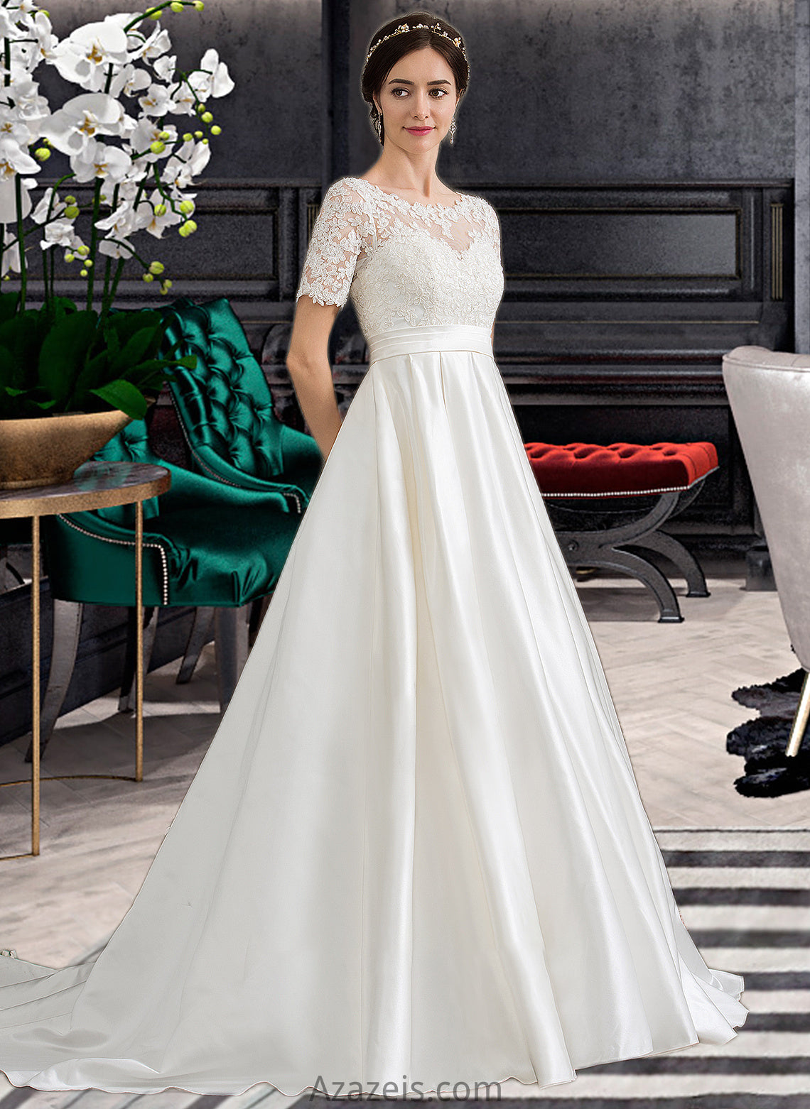 Brenda Ball-Gown/Princess Scoop Neck Court Train Satin Wedding Dress With Beading Sequins Pockets DFP0013777