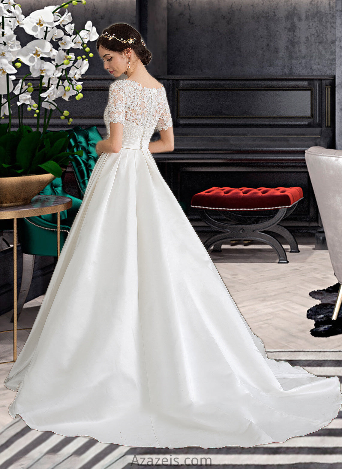 Brenda Ball-Gown/Princess Scoop Neck Court Train Satin Wedding Dress With Beading Sequins Pockets DFP0013777