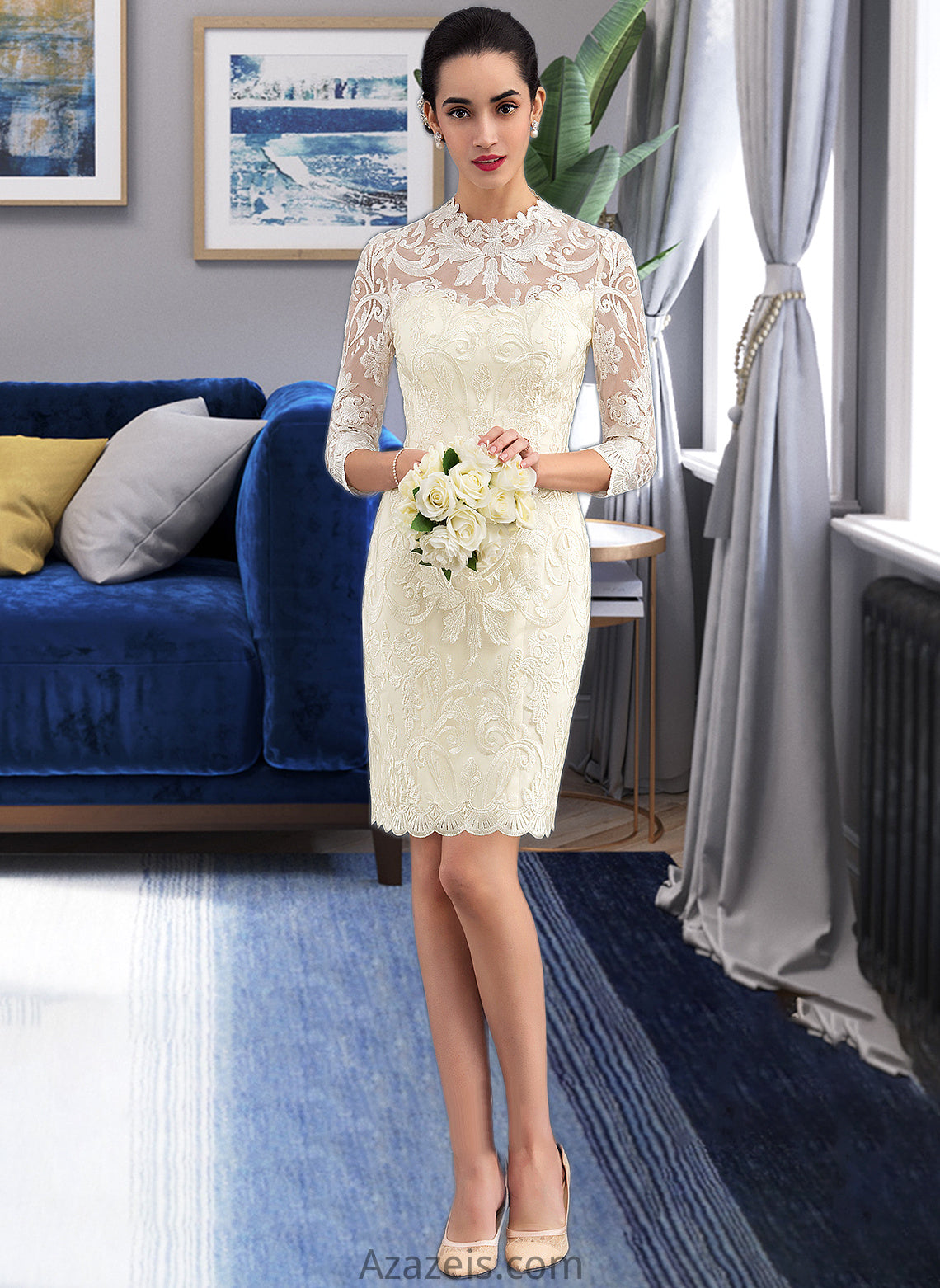 Lindsey Sheath/Column High Neck Knee-Length Lace Wedding Dress DFP0013781