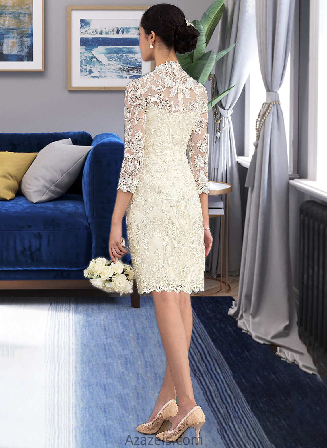 Lindsey Sheath/Column High Neck Knee-Length Lace Wedding Dress DFP0013781