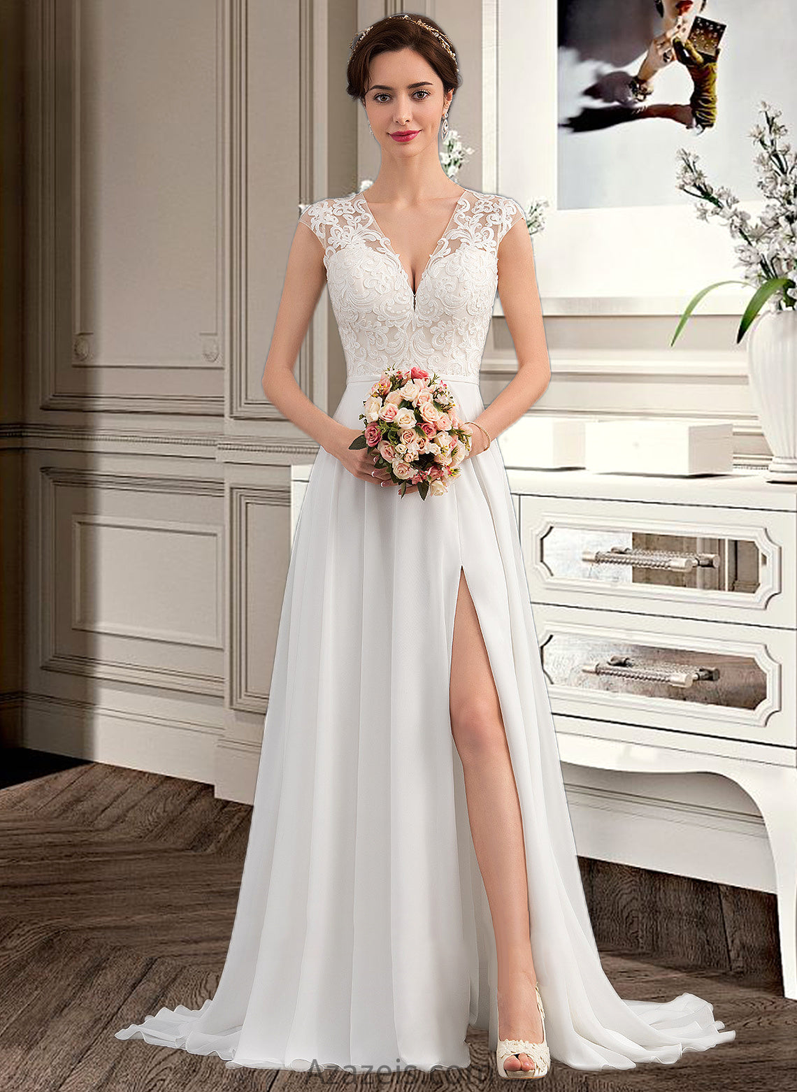 Logan A-Line V-neck Sweep Train Chiffon Wedding Dress With Split Front DFP0013782