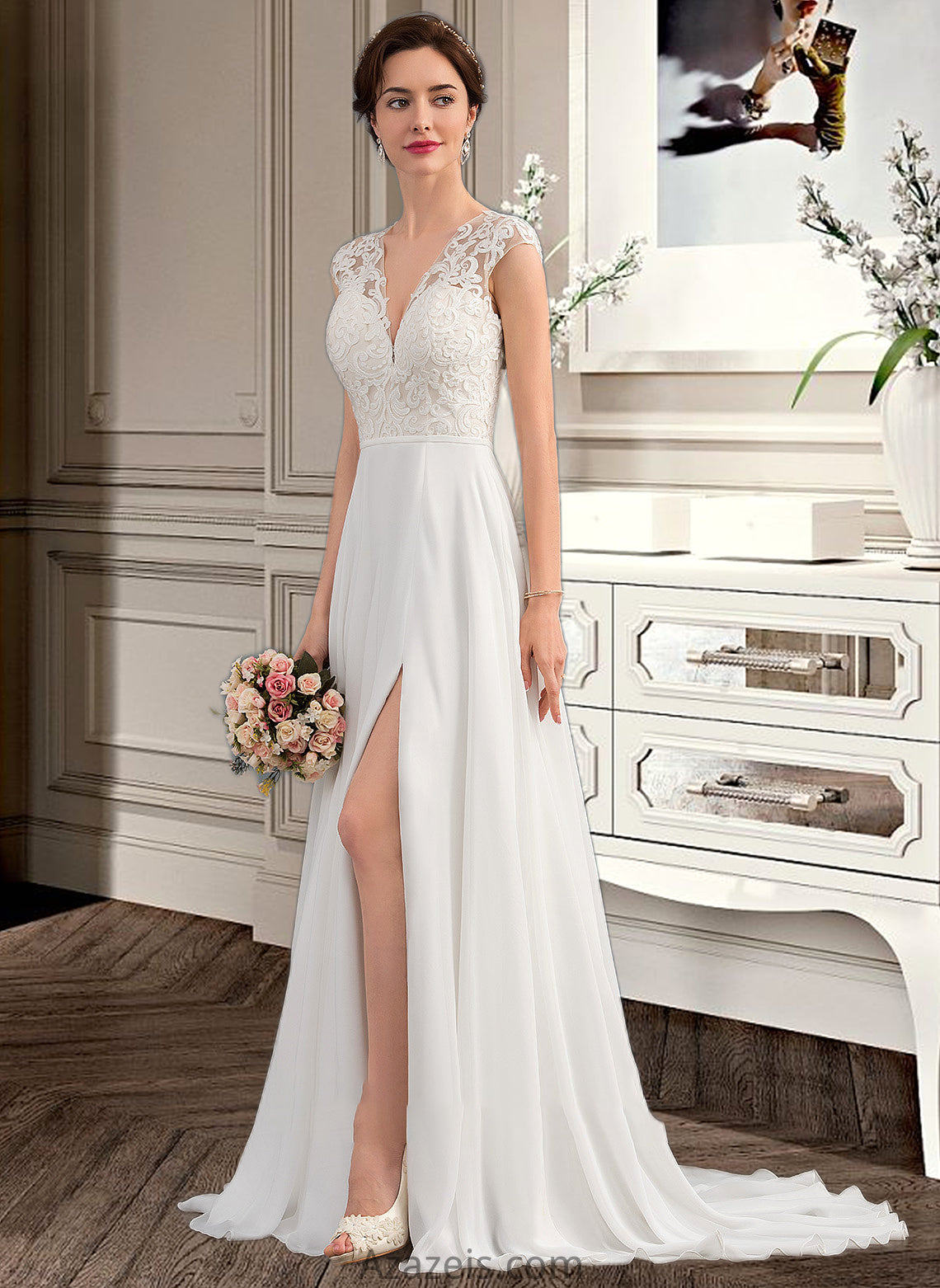 Logan A-Line V-neck Sweep Train Chiffon Wedding Dress With Split Front DFP0013782