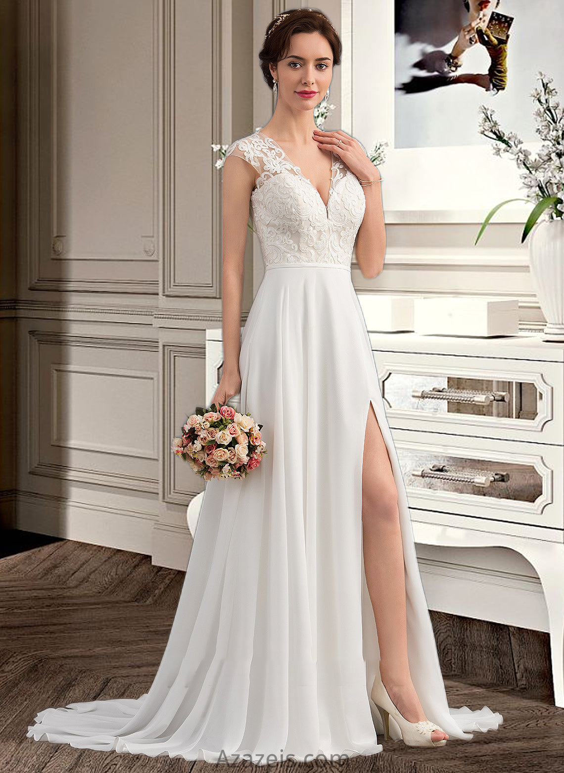 Logan A-Line V-neck Sweep Train Chiffon Wedding Dress With Split Front DFP0013782