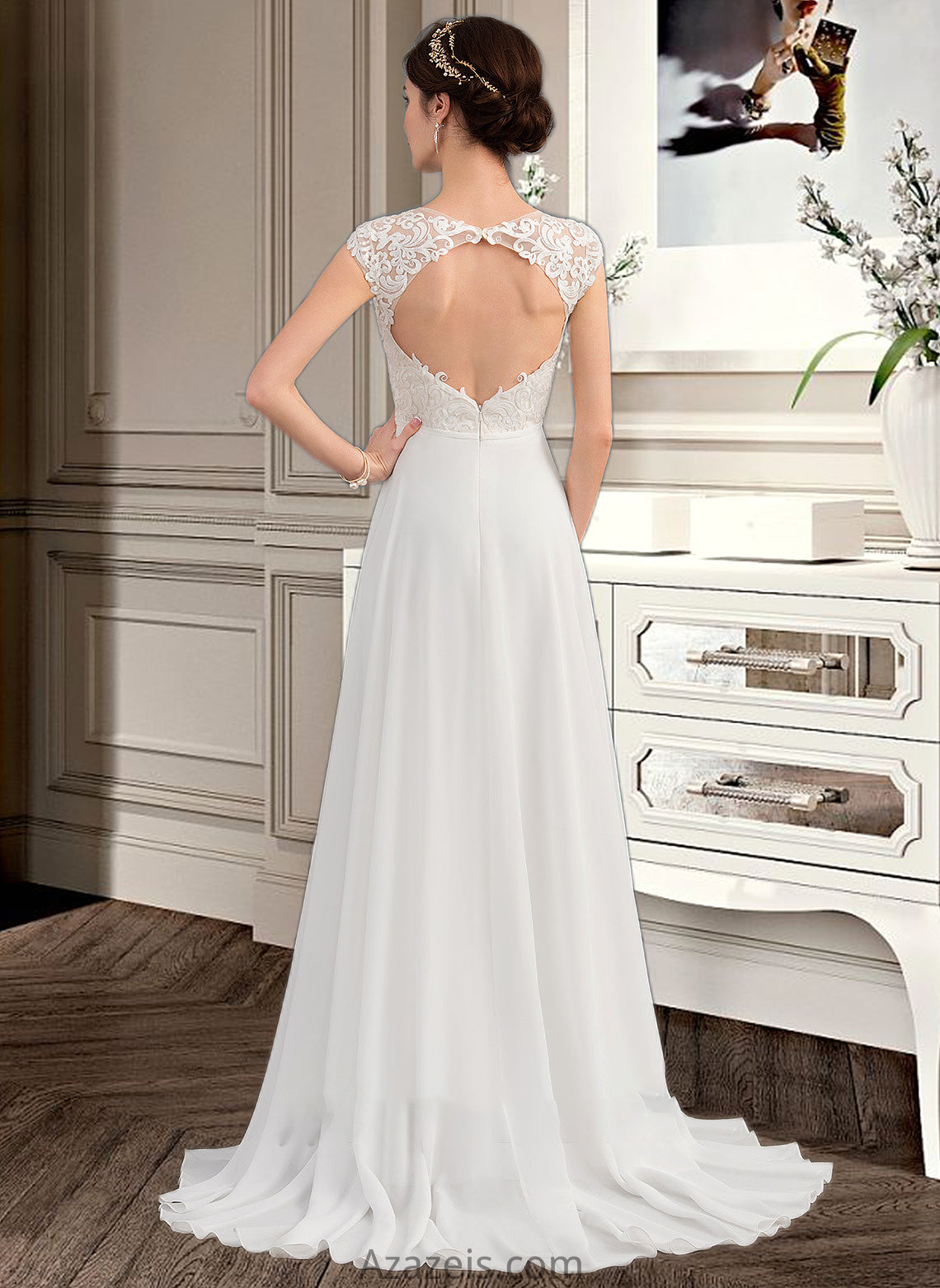 Logan A-Line V-neck Sweep Train Chiffon Wedding Dress With Split Front DFP0013782