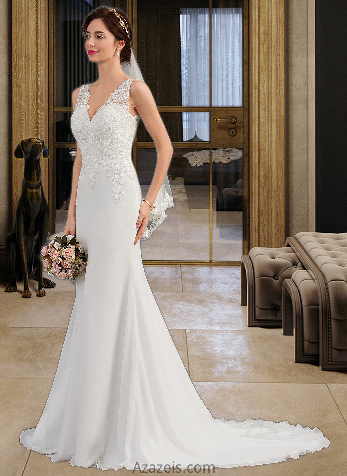 Hilda Trumpet/Mermaid V-neck Court Train Chiffon Wedding Dress DFP0013788