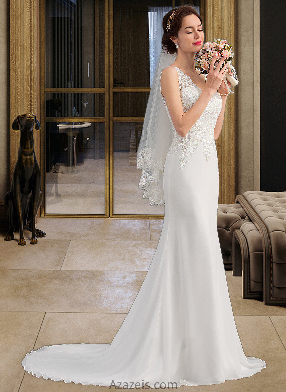 Hilda Trumpet/Mermaid V-neck Court Train Chiffon Wedding Dress DFP0013788