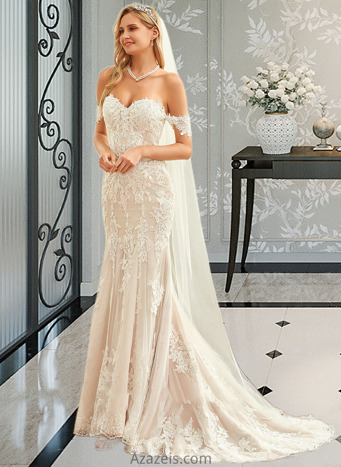 Alena Trumpet/Mermaid Off-the-Shoulder Court Train Tulle Lace Wedding Dress DFP0013789