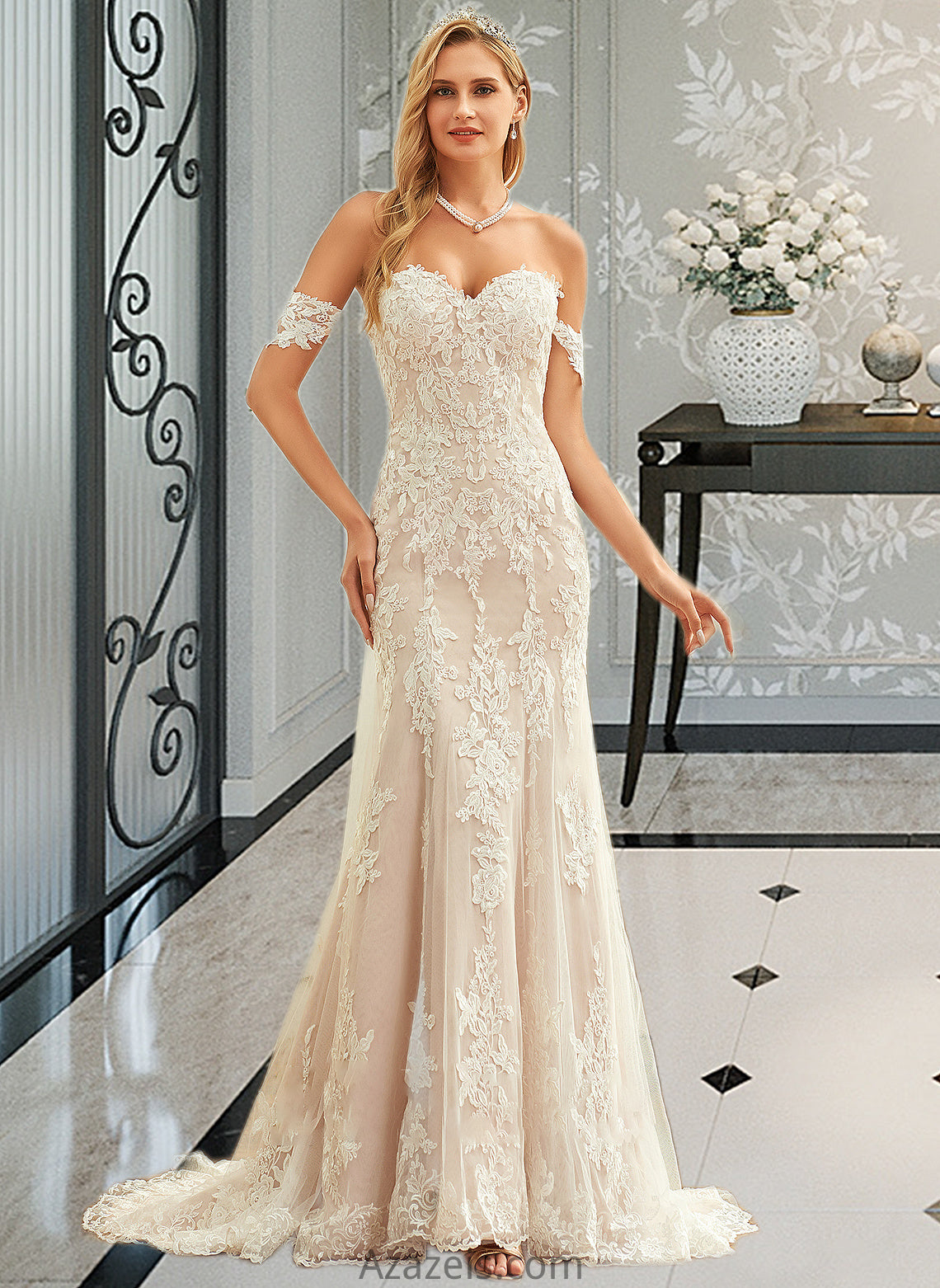 Alena Trumpet/Mermaid Off-the-Shoulder Court Train Tulle Lace Wedding Dress DFP0013789