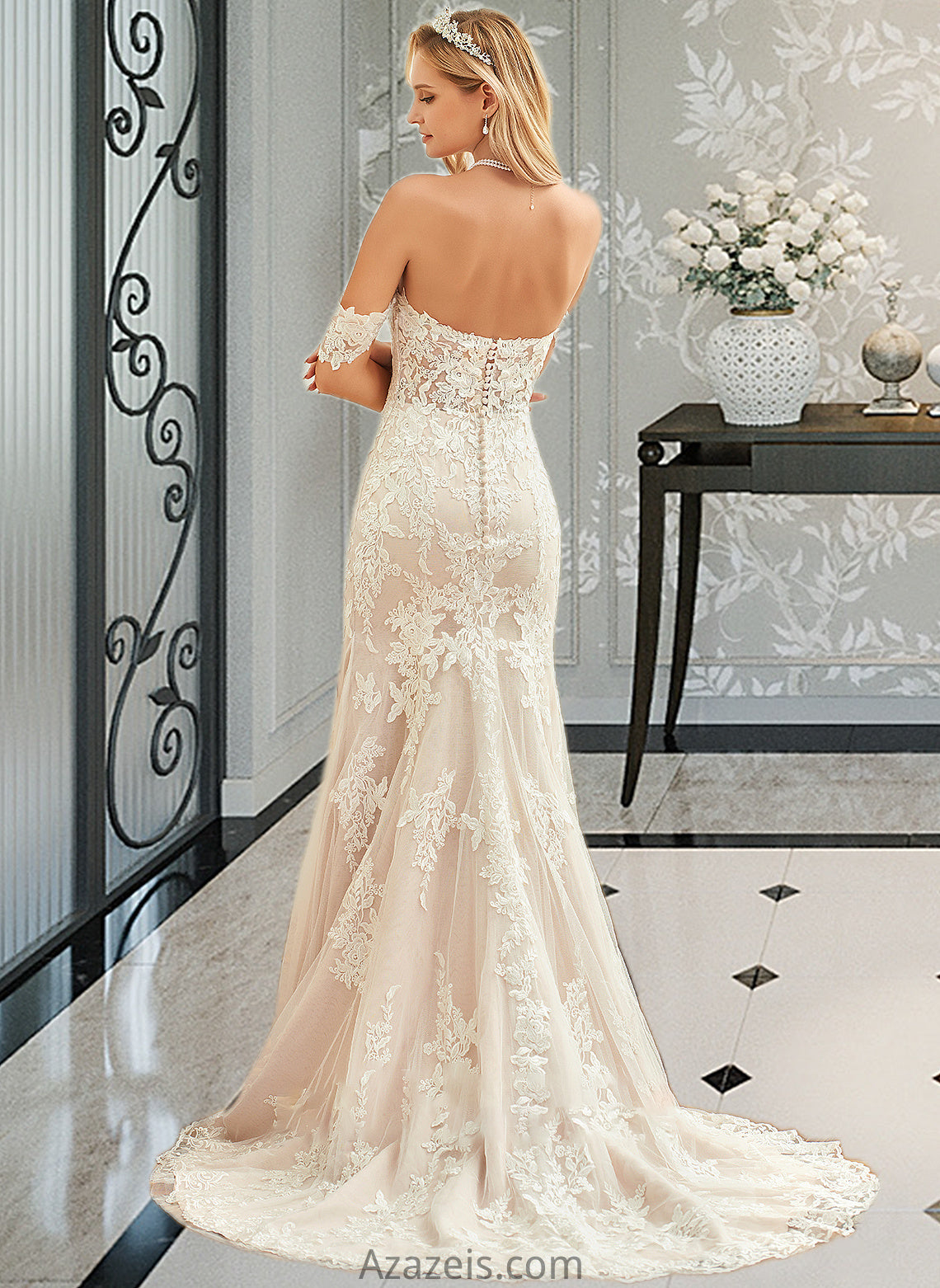 Alena Trumpet/Mermaid Off-the-Shoulder Court Train Tulle Lace Wedding Dress DFP0013789