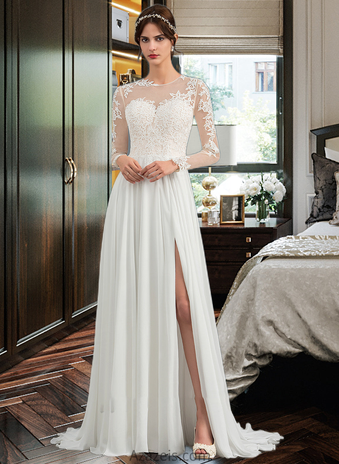 Juliana A-Line Illusion Sweep Train Chiffon Wedding Dress With Appliques Lace Split Front DFP0013793