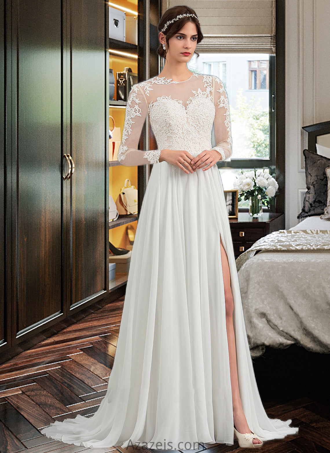 Juliana A-Line Illusion Sweep Train Chiffon Wedding Dress With Appliques Lace Split Front DFP0013793